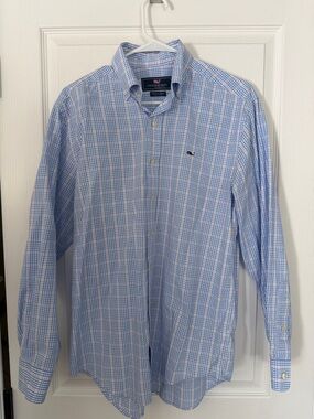 Vineyard Vines Light Blue and White Plaid Button-Down Shirt